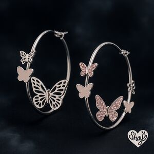 Silver and Pink Butterfly HOOP Earrings